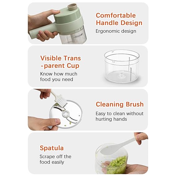 Kitchen Goods Electric Vegetable Cutter Set - 4 in 1 Portable, Rechargeable, Wireless Food Processor & Chopper Machine for Pepper, Garlic, Onion, Celery & Meat