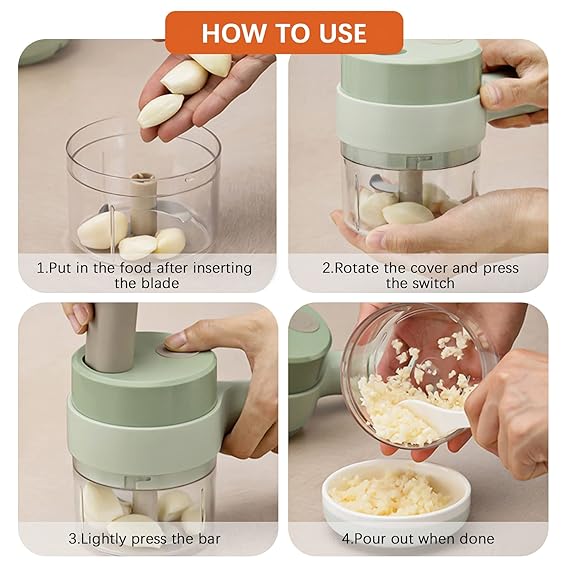 Kitchen Goods Electric Vegetable Cutter Set - 4 in 1 Portable, Rechargeable, Wireless Food Processor & Chopper Machine for Pepper, Garlic, Onion, Celery & Meat